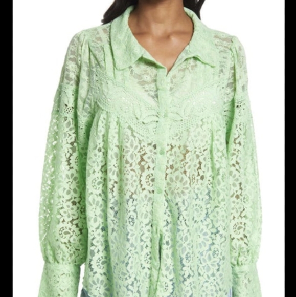 Free People Top Melona Green Out West Lace Button Up Blouse Size XS NWT Oversize - Picture 1 of 16